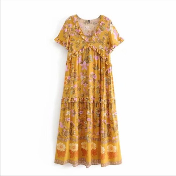 Boho 60s Floral Gypsy Print Maxi Dress Yellow - Picture 4 of 14